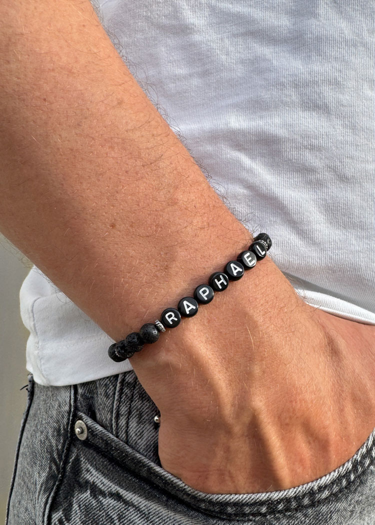 Bracelet pour homme réalisé à la main, personnalisable, en pierres de lave noires naturelles