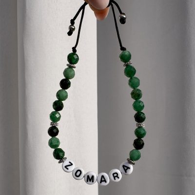 Bracelet artisanal en pierres naturelles vert émeraude et perles lettres pour homme, personnalisable