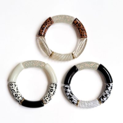 Bracelets faits main en perles résine translucides pailletées et perles léopard