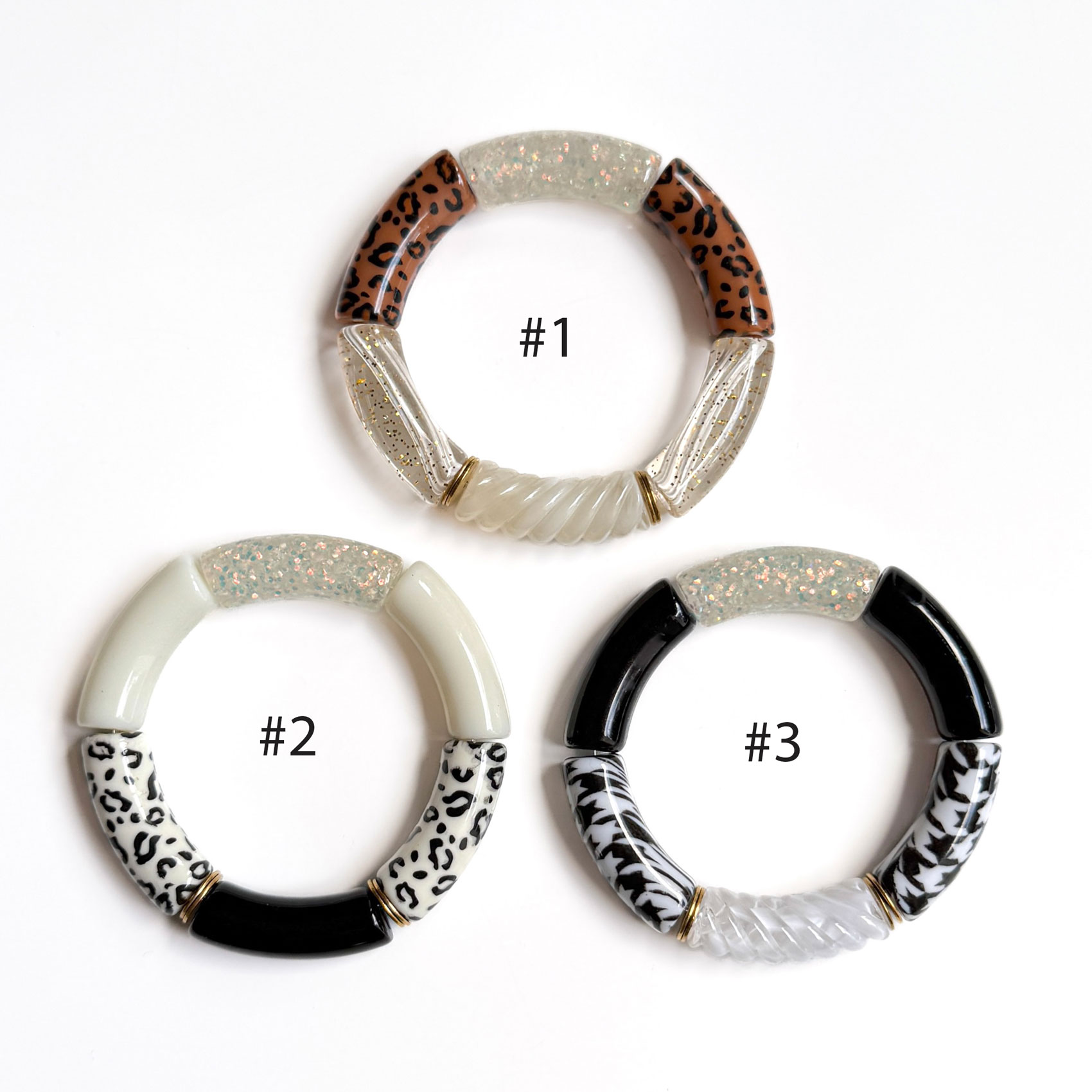 Bracelets faits main en perles résine léopard et perles translucides pailletées